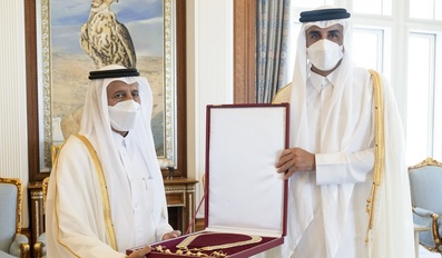 His Highness The Amir Sheikh Tamim bin Hamad Al Thani Awards Hamad Bin Khalifa Sash to Ahmad bin Abdullah Al Mahmoud
